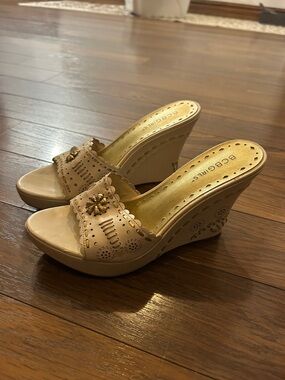 BCBGirls Beige Perforated Wedge Slide Sandals with Gold Accent